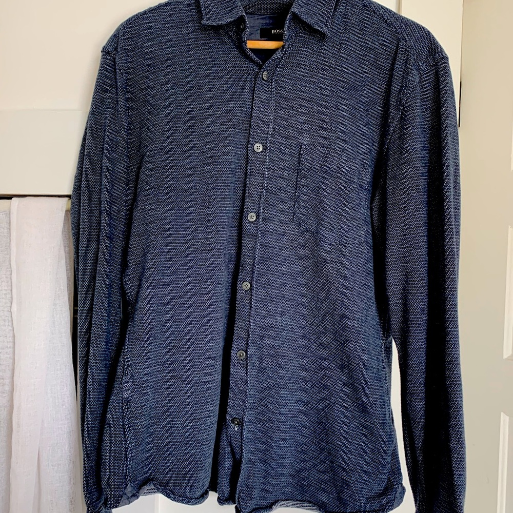 BOSS Button-down Textured Shirt in Slim Fit - Blue